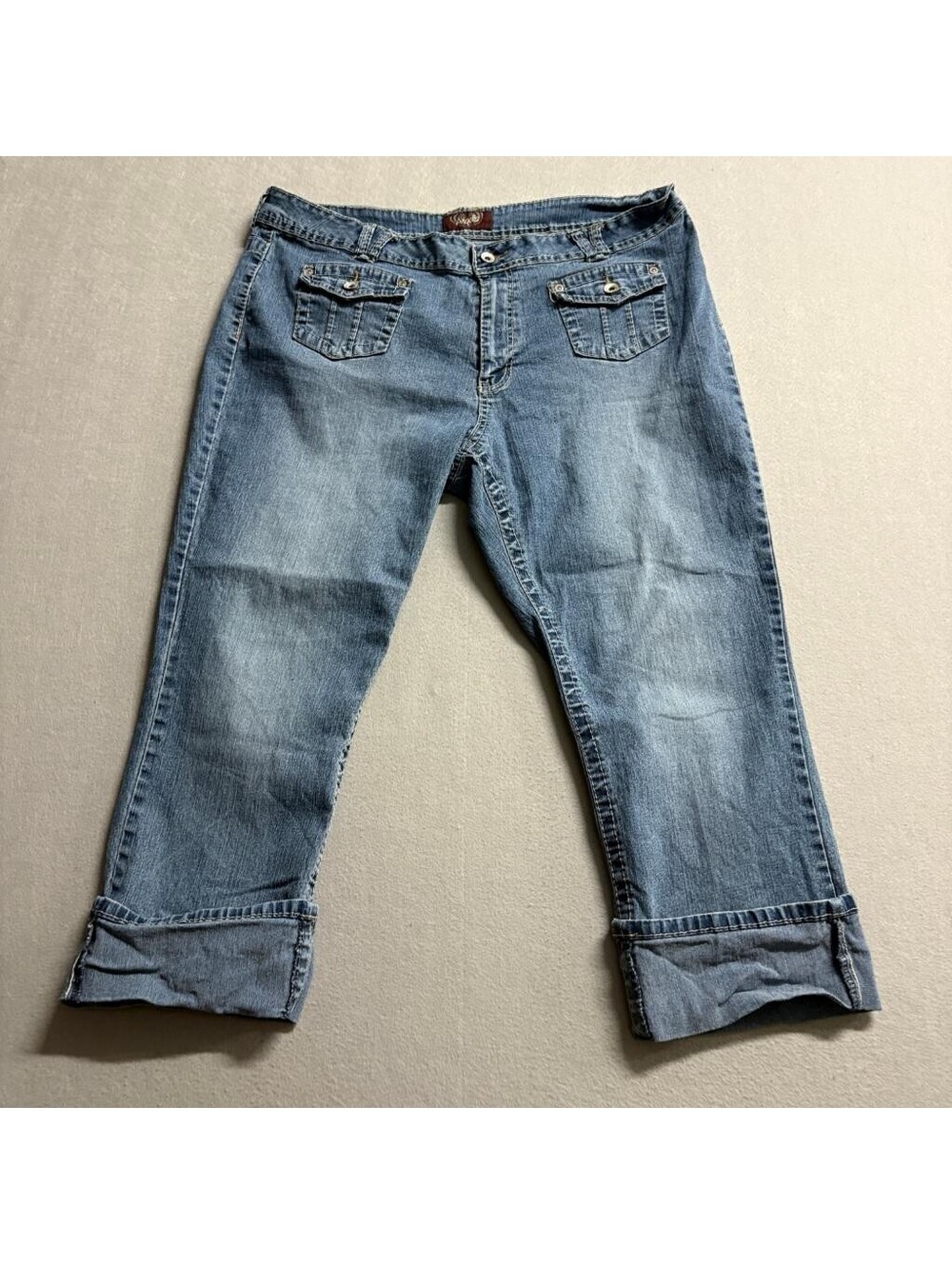 Angels Jeans Womens 16 Blue Denim Capri Crop Stretch Flap Pocket Mid Rise